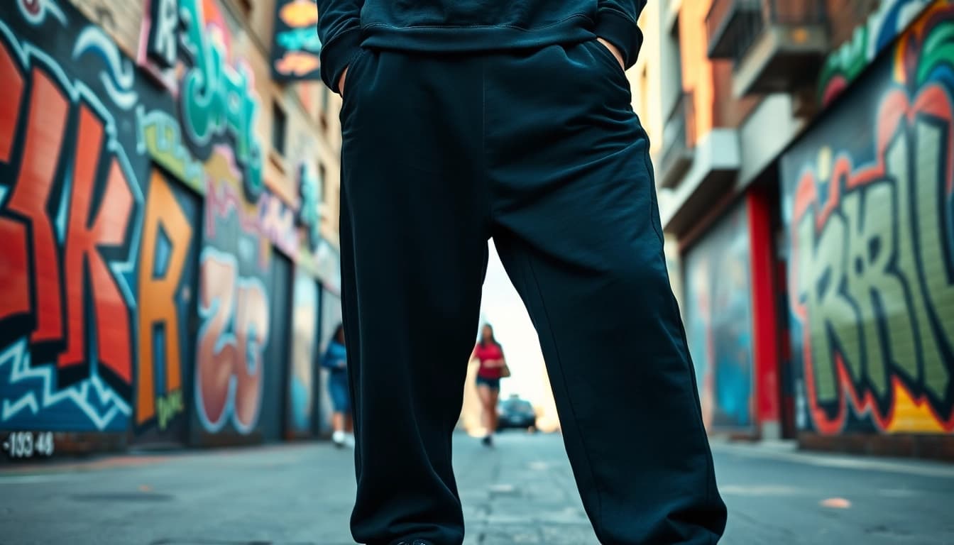 Model showcasing black baggy sweatpants against a vibrant urban backdrop.