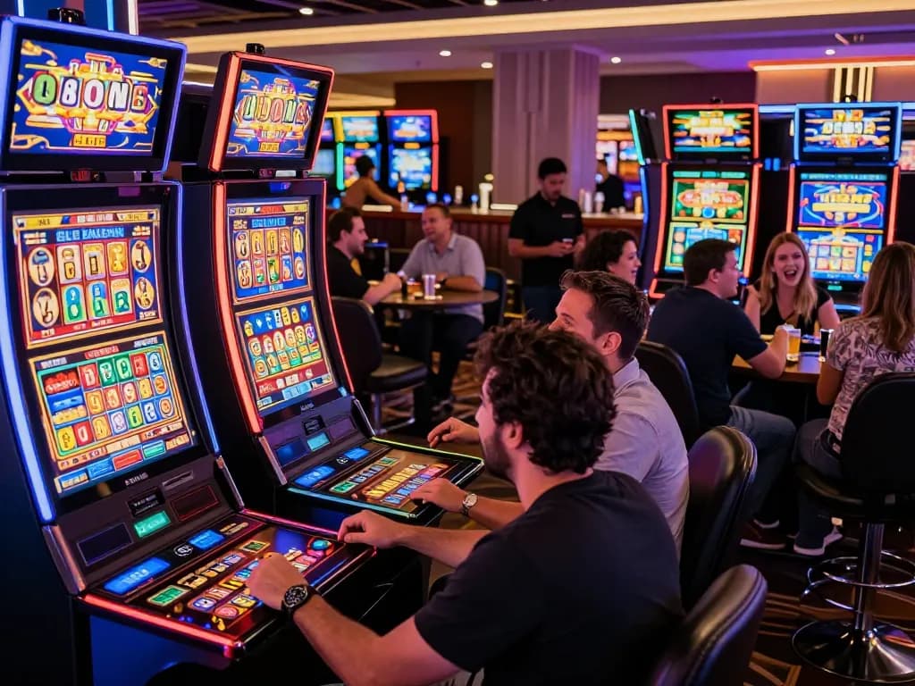 Pemain terlibat dengan mesin link slot di suasana kasino yang semarak.