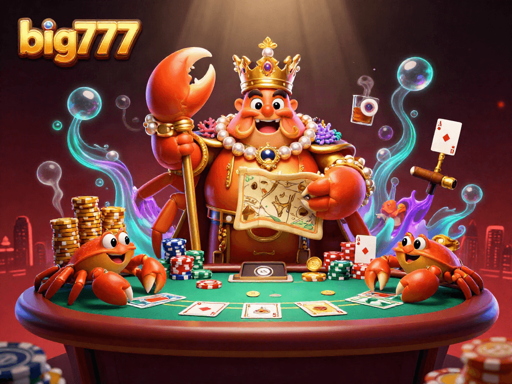 Engage with big777's dynamic 3D scene featuring a golden crab emperor and vibrant casino elements.