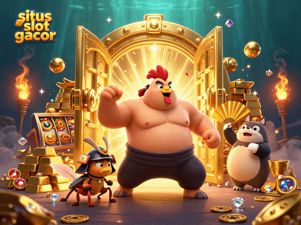 Immersive scene showcasing "situs slot gacor" with a sumo wrestler rooster, samurai cricket, and tanuki announcer in a vibrant casino.