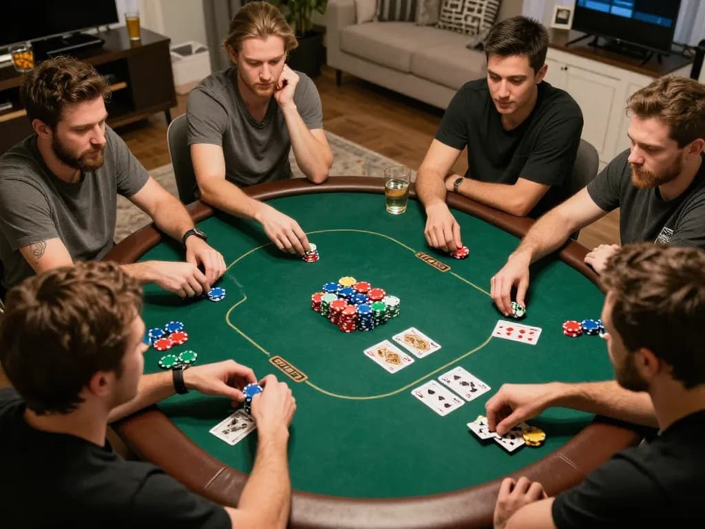 Players enjoy a Texas Hold'em game during a home poker night, embodying the spirit of F8beta2 ink.