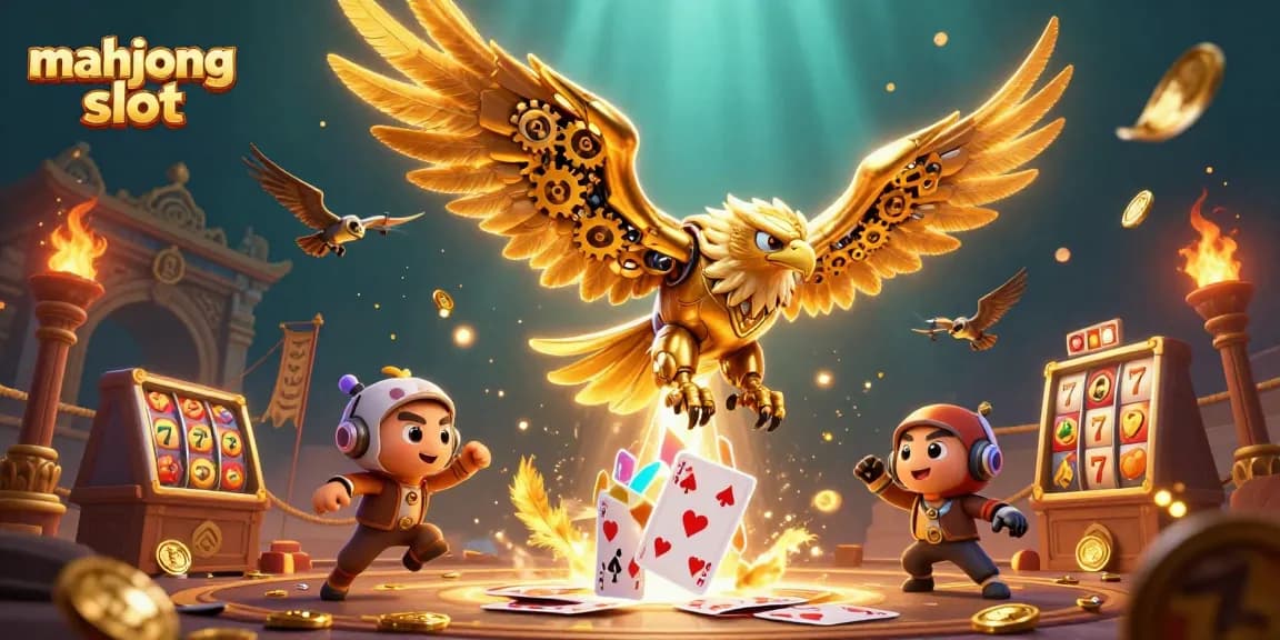 Play mahjong slot with a vivid scene featuring a golden eagle diving through holographic cards.
