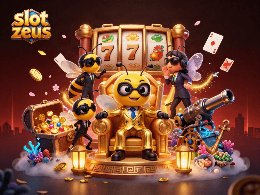 Spin the slots with slot zeus in a vibrant 3D casino scene featuring whimsical characters.