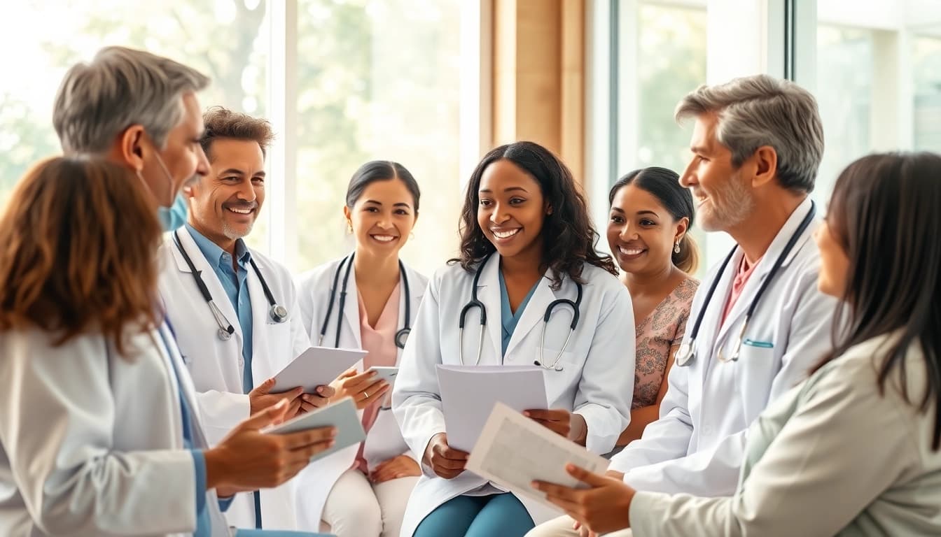 Showcasing healthcare interactions focusing on health conversations in a bright clinic.