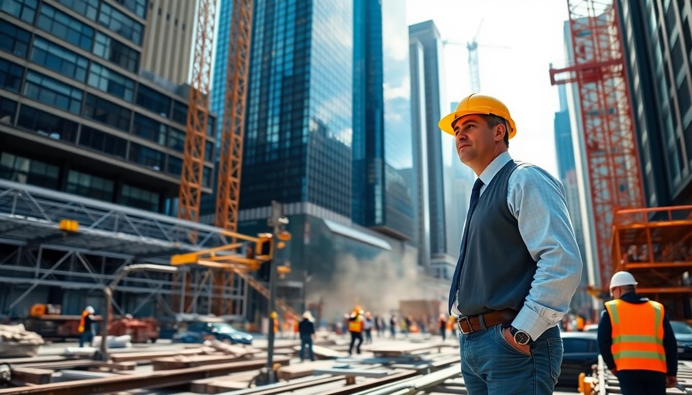 New York City Construction Manager leading a bustling urban construction project, showcasing teamwork and high-rise buildings.