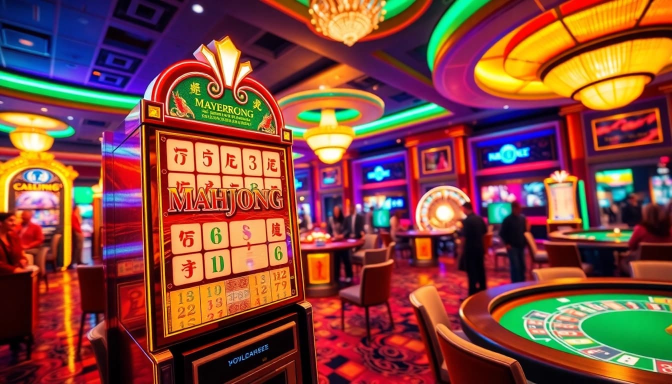 Berinteraksi dengan mesin slot demo Mahjong di tengah suasana kasino mewah yang penuh kegembiraan.