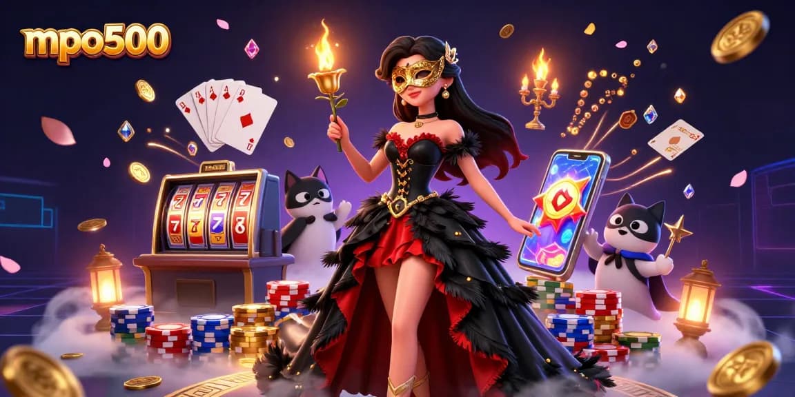 Experience the excitement of mpo500 with a captivating 3D illustration featuring slots, golden coins, and gaming elements.