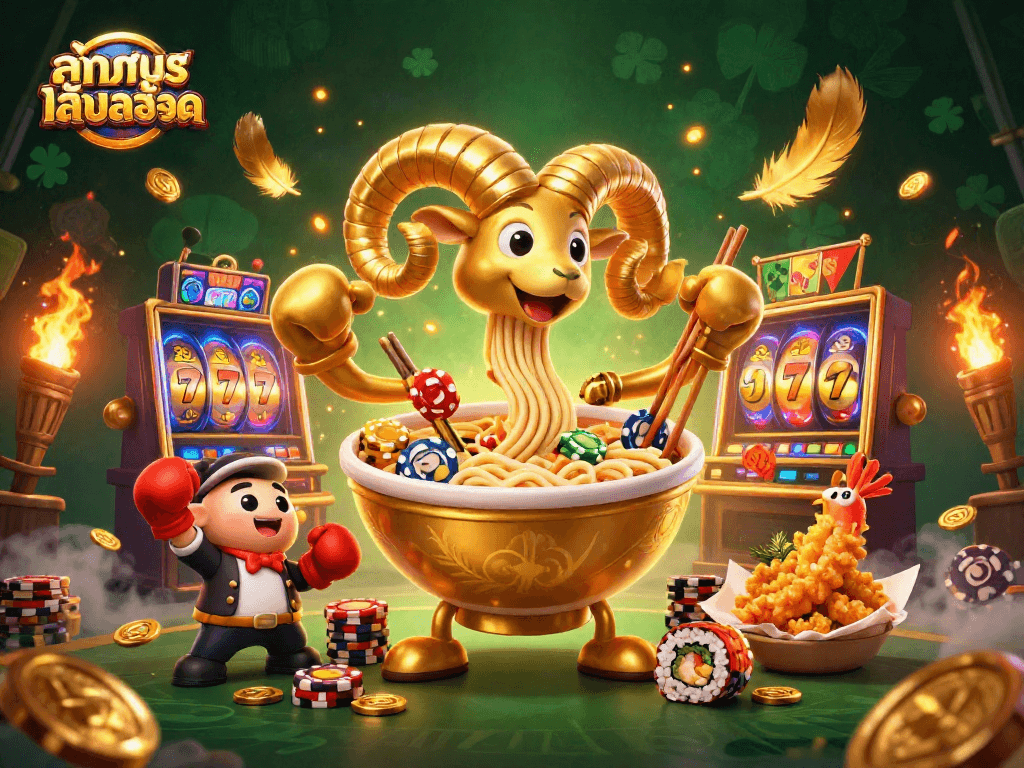 ทดลองเล่นสล็อต and spin the reels with the golden ramen bowl dealer amid dynamic casino elements.