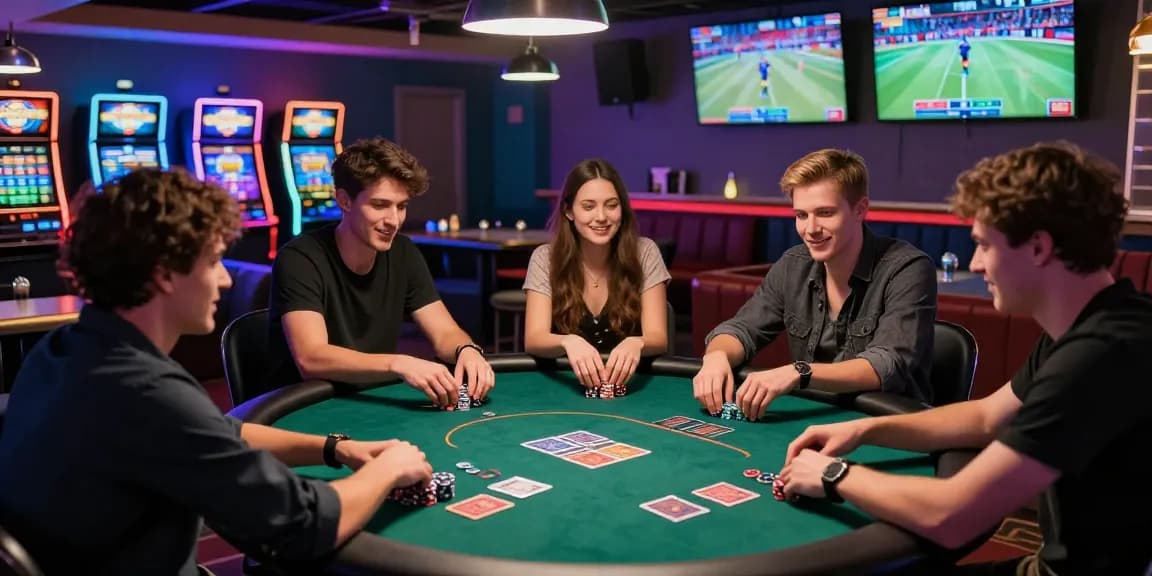 Exciting gaming lounge scene showcasing friends engaged in rokok88 daftar poker strategies and vibrant ambiance.