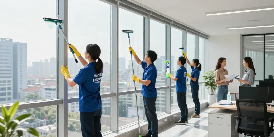 Professionelle Glasreinigungsfirma Dortmund reinigt Fenster und Rahmen in modernem Büro mit umweltfreundlichen Produkten.