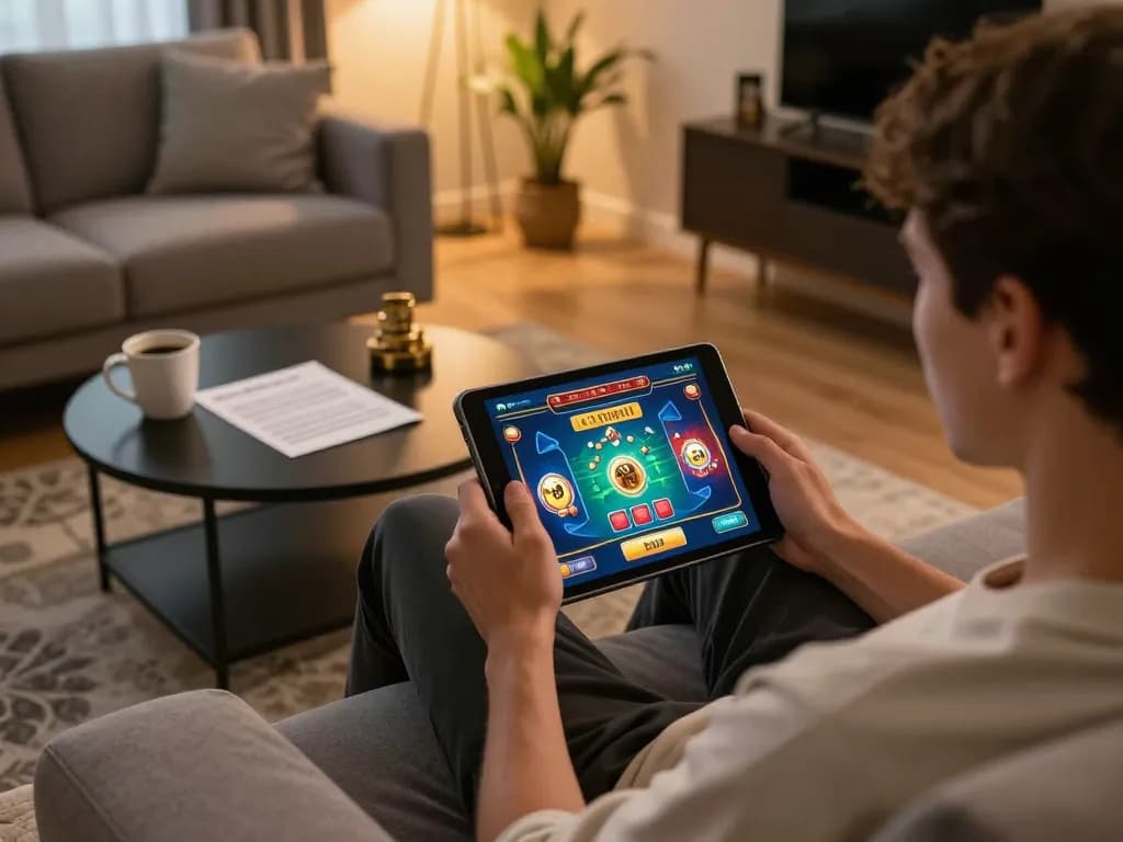Nohu90 player using tablet for online casino gaming in a cozy home setting