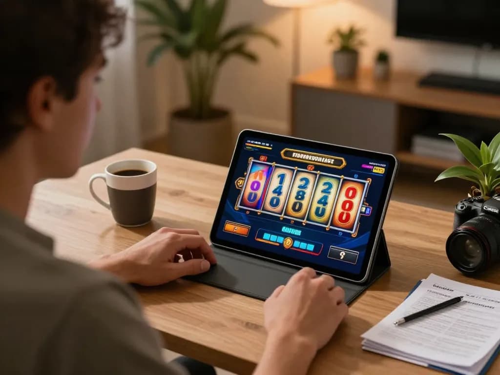 Experience thrilling slot online gameplay on a tablet, showcasing immersive gaming in a cozy home setting