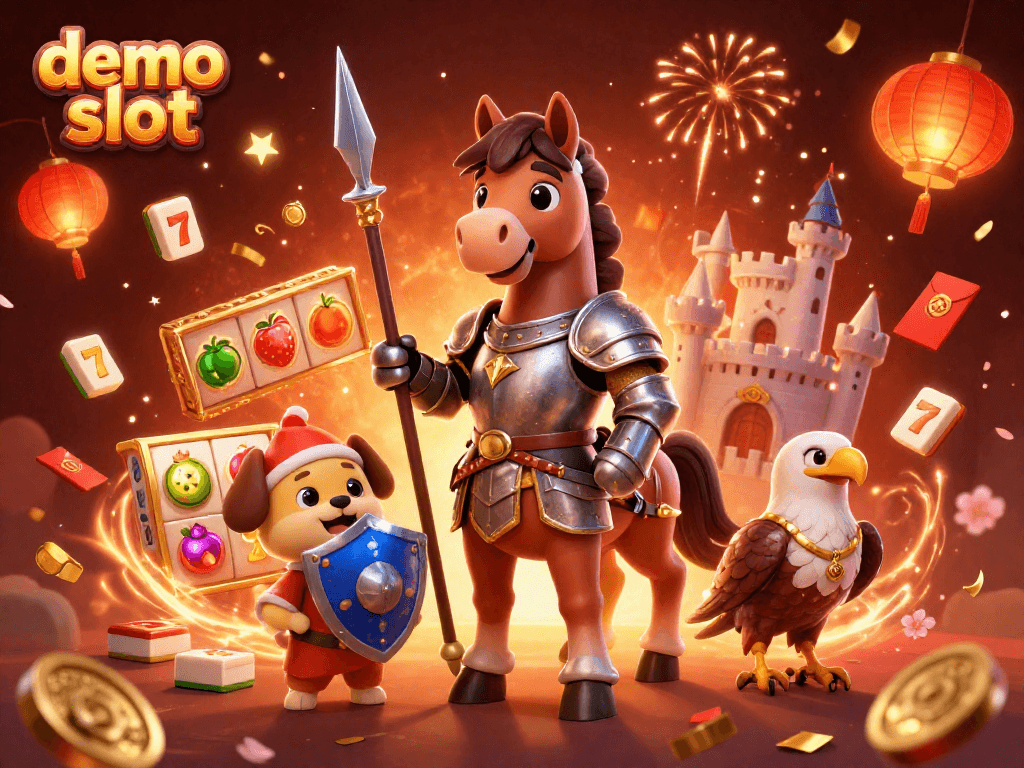 Demo slot yang mengasyikkan dengan karakter kuda ksatria dan squire di tengah festival, penuh elemen cemerlang.