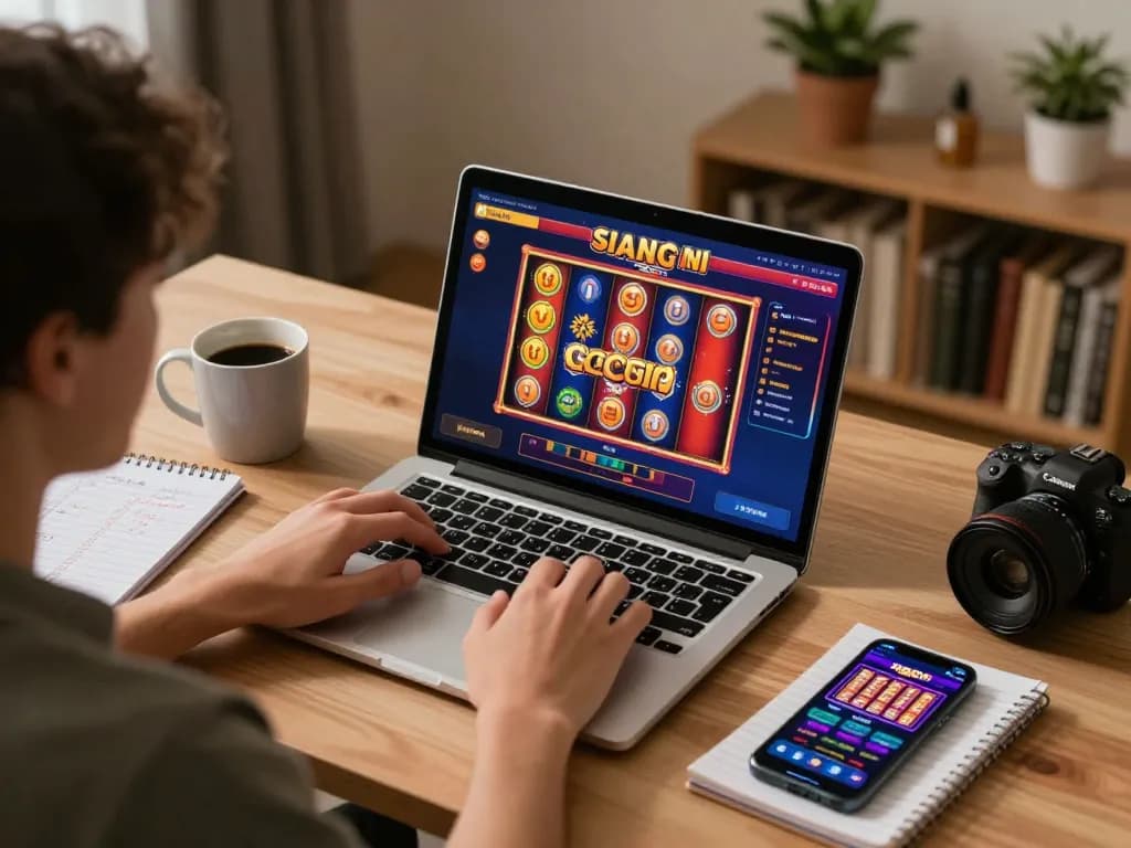 Playing exciting online slots featuring slot gacor siang ini on a laptop at home, highlighting the thrill and engagement of gaming.