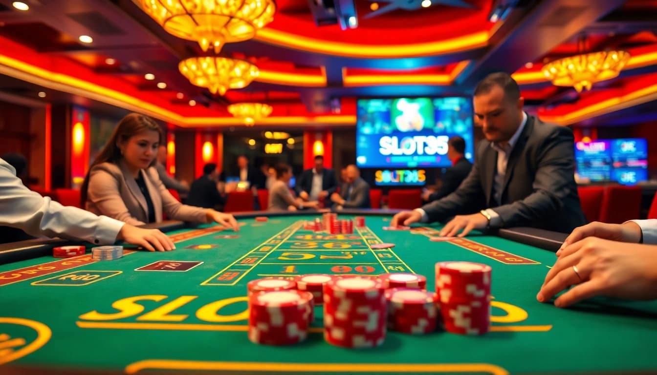 Permainan di SLOT365 LINK dengan meja kasino yang berwarna-warni dan pemain antusias.