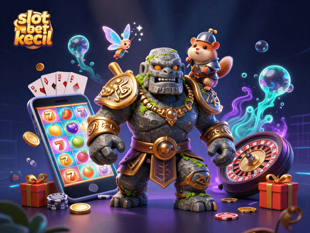 Slot bet kecil menghadirkan golem kuno dengan pasangan peri dan kesatria hamster dalam suasana bermain slot.