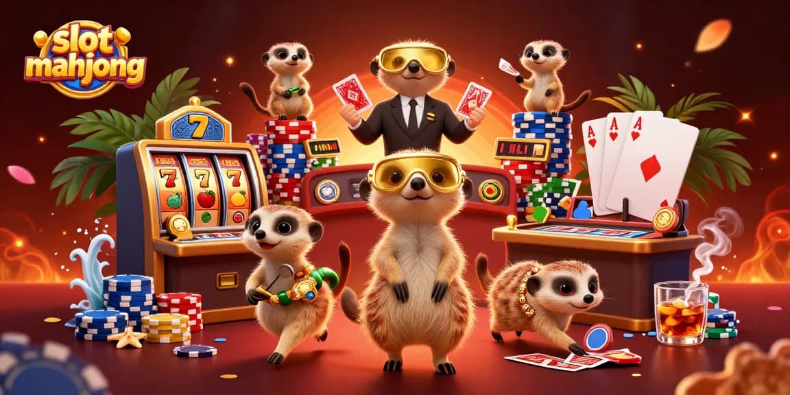 Play exhilarating slot mahjong with a vibrant, dynamic 3D casino illustration of meerkats