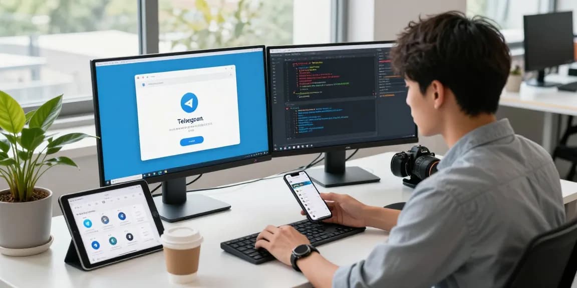 Young professional customizing Telegram中文 app in a modern workspace setup