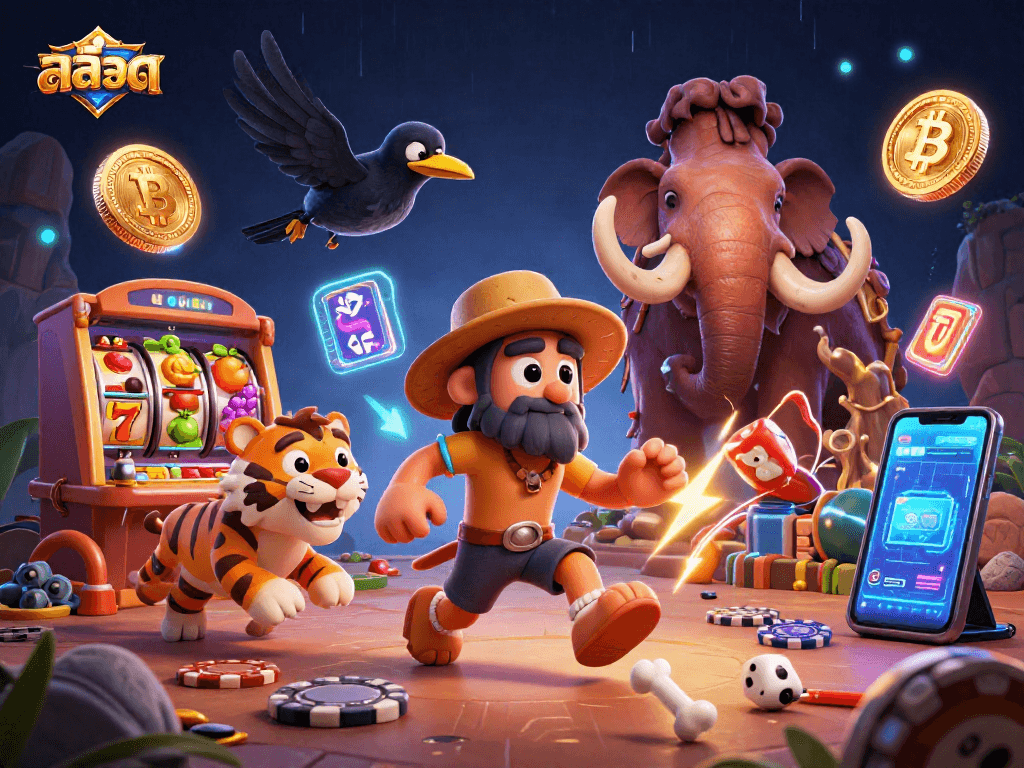 Experience thrilling สล็อต action with dynamic characters in a vibrant prehistoric casino illustration.