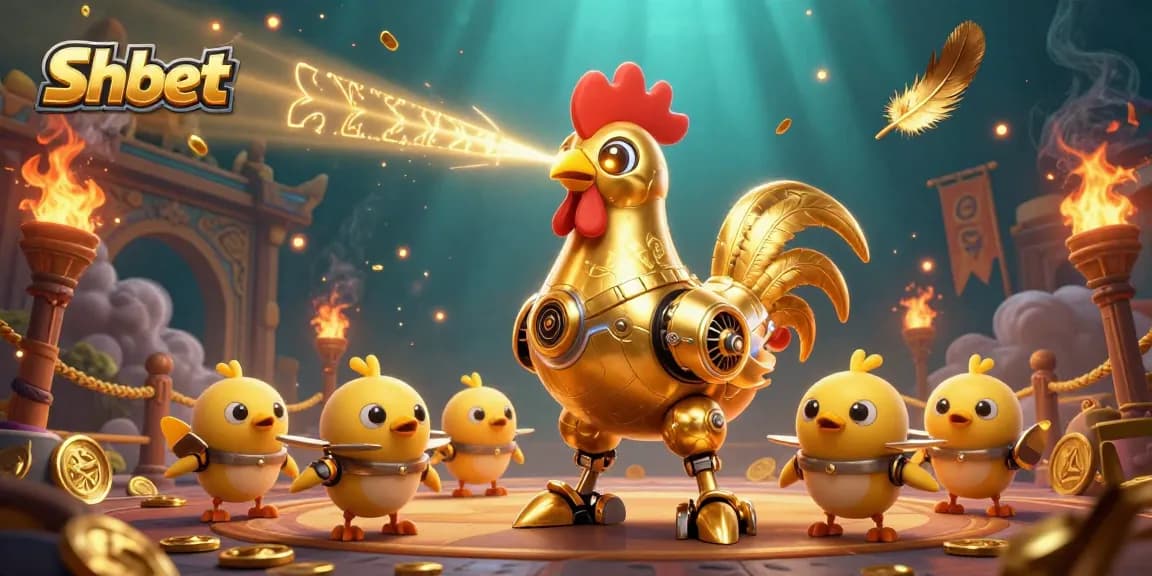 Shbet offers thrilling casino adventures with a 3D golden rooster robot and vibrant gaming elements.
