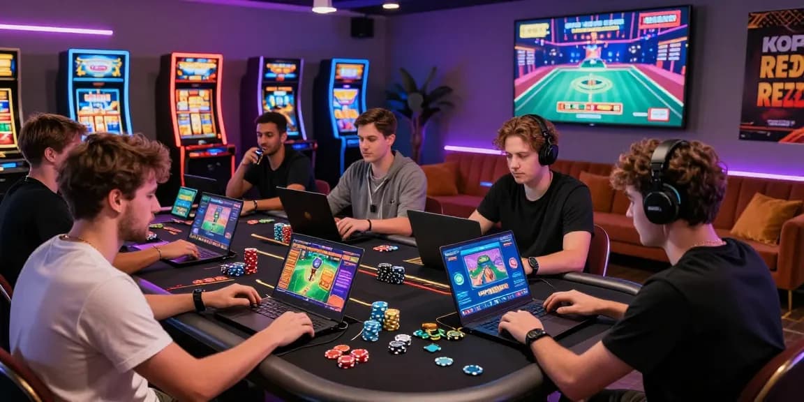 Engaged players enjoying non UK casinos for UK players in a vibrant gaming lounge with modern tech and neon decor.