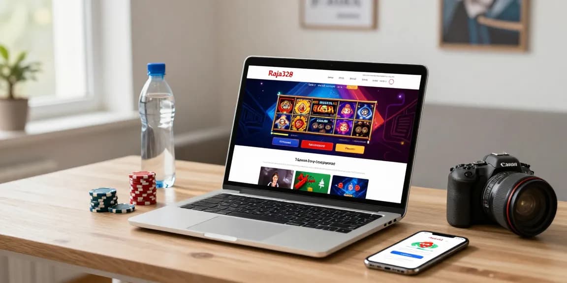 Engaging login raja328 scene with a user accessing vibrant online gaming from a modern workspace.
