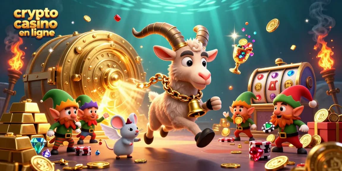 Découvrez le monde du crypto casino en ligne avec une scène festive, remplie de jeux et de trésors.