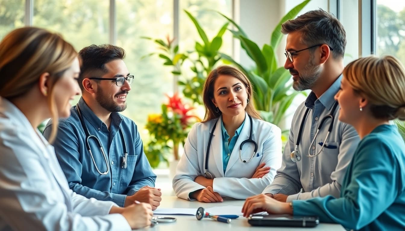Engaged discussion on health with professionals in a modern healthcare setting.