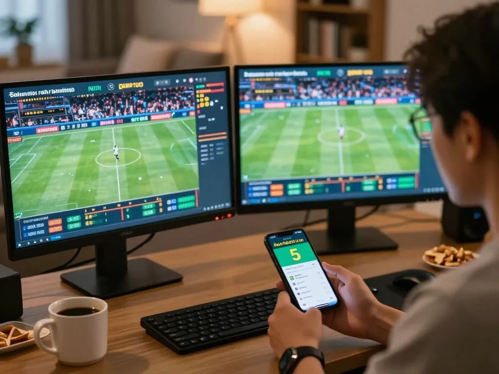 Engaging betting scene showcasing person using kèo nhà cái 5 app for live sports betting
