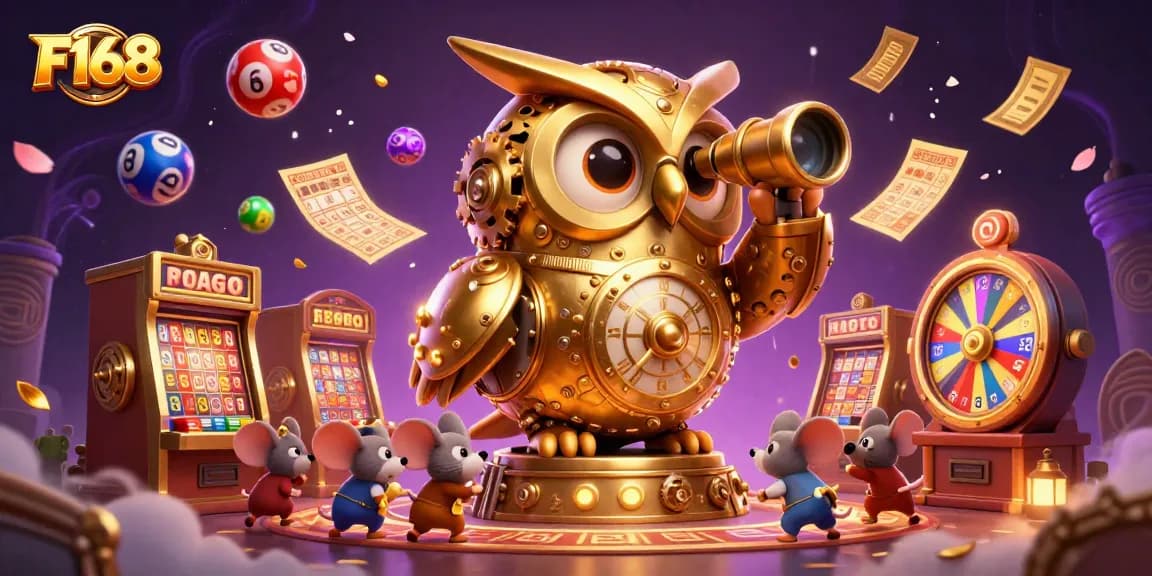 Experience thrilling gaming moments with F168's vibrant casino scene featuring playful characters.