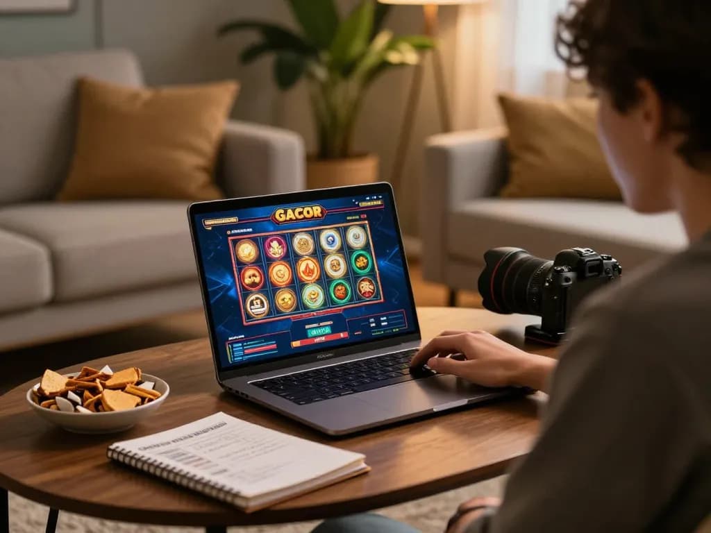 Pemain menikmati sesi slot gacor di laptop dalam suasana rumah yang nyaman, menggabungkan hiburan dan strategi.