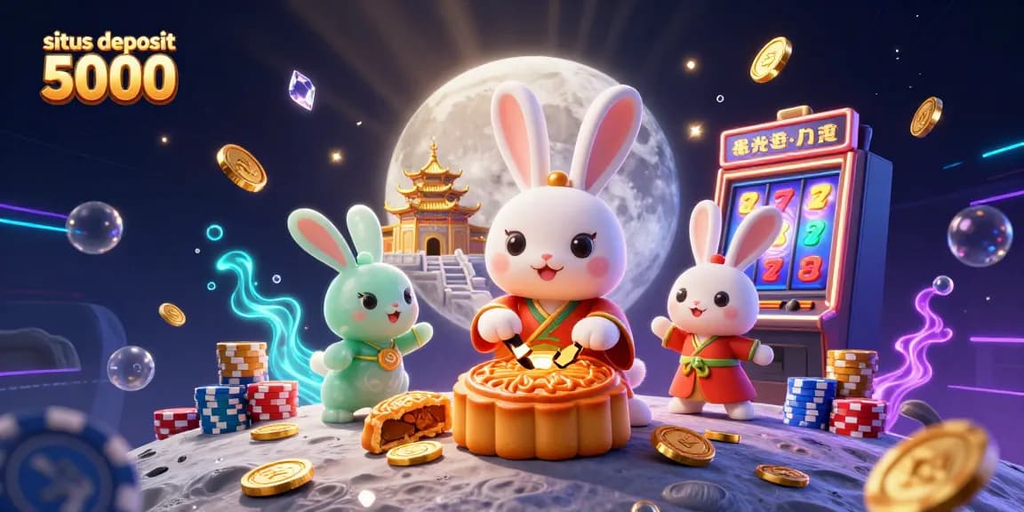 Experience the excitement of situs deposit 5000 with a vibrant illustration featuring slot machines and a moon rabbit theme.
