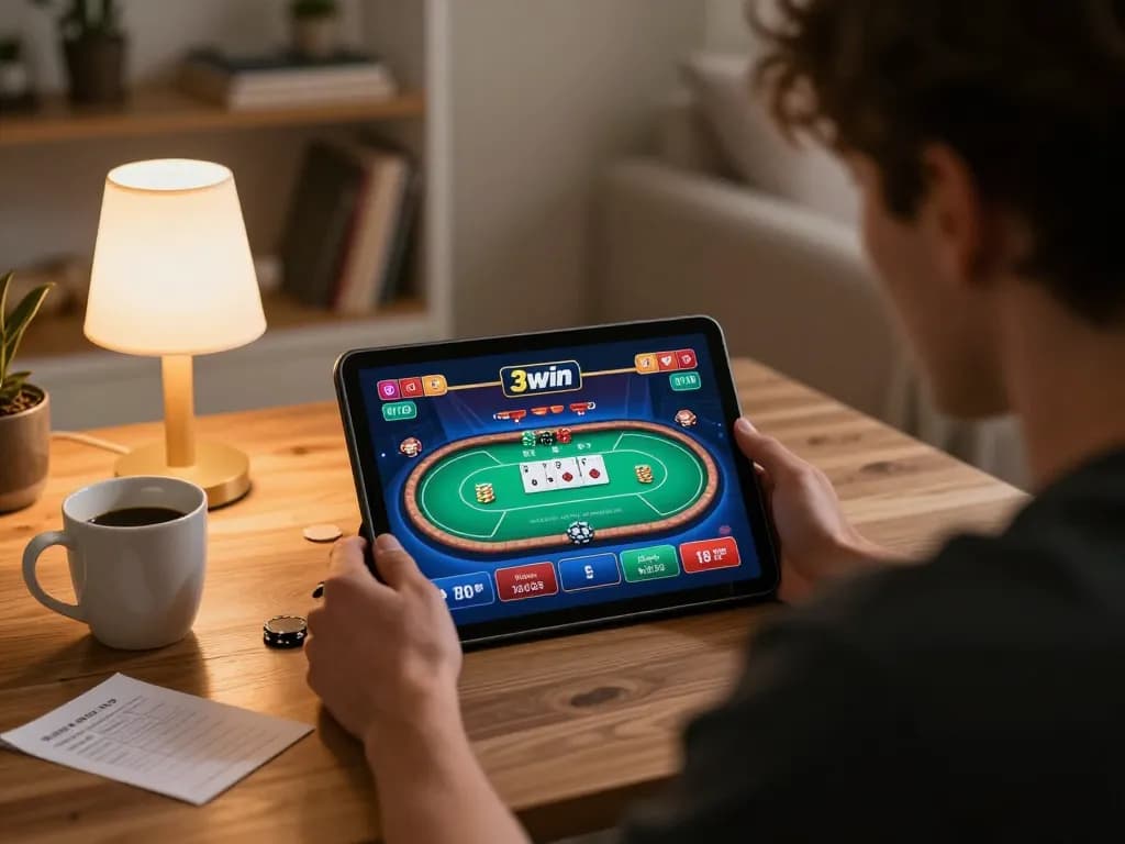Player engaging with 3win actor's poker game on tablet in a cozy home environment