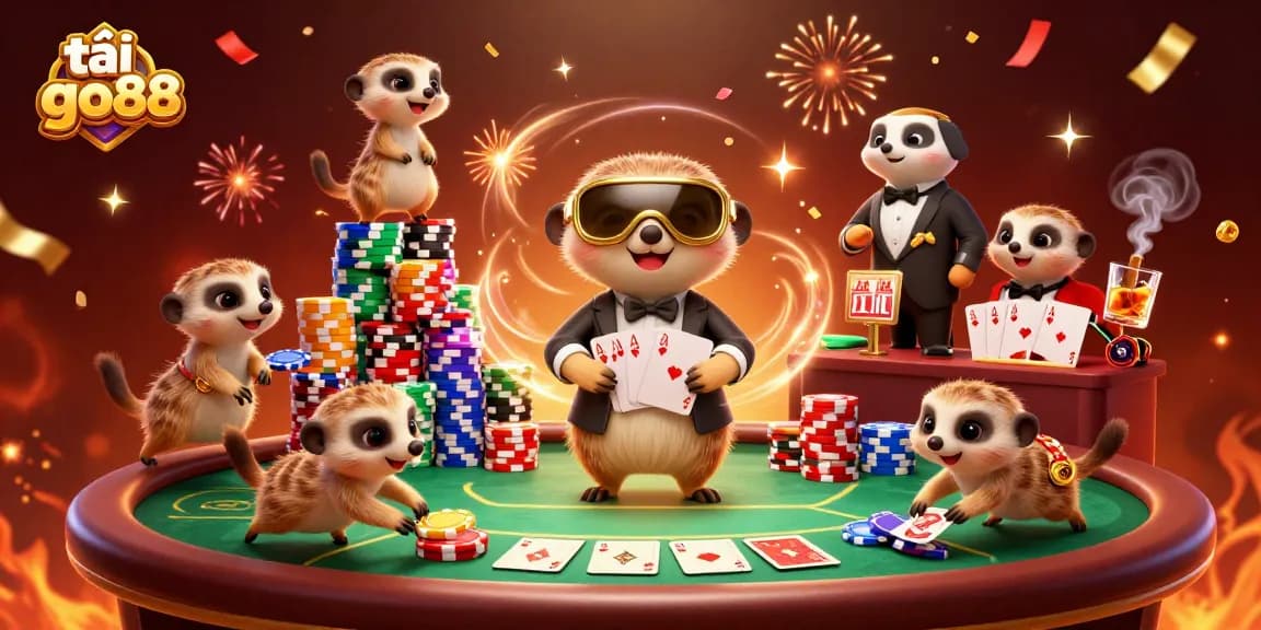 Experience excitement with tải go88 in this vibrant 3D cartoon casino scene featuring playful meerkats