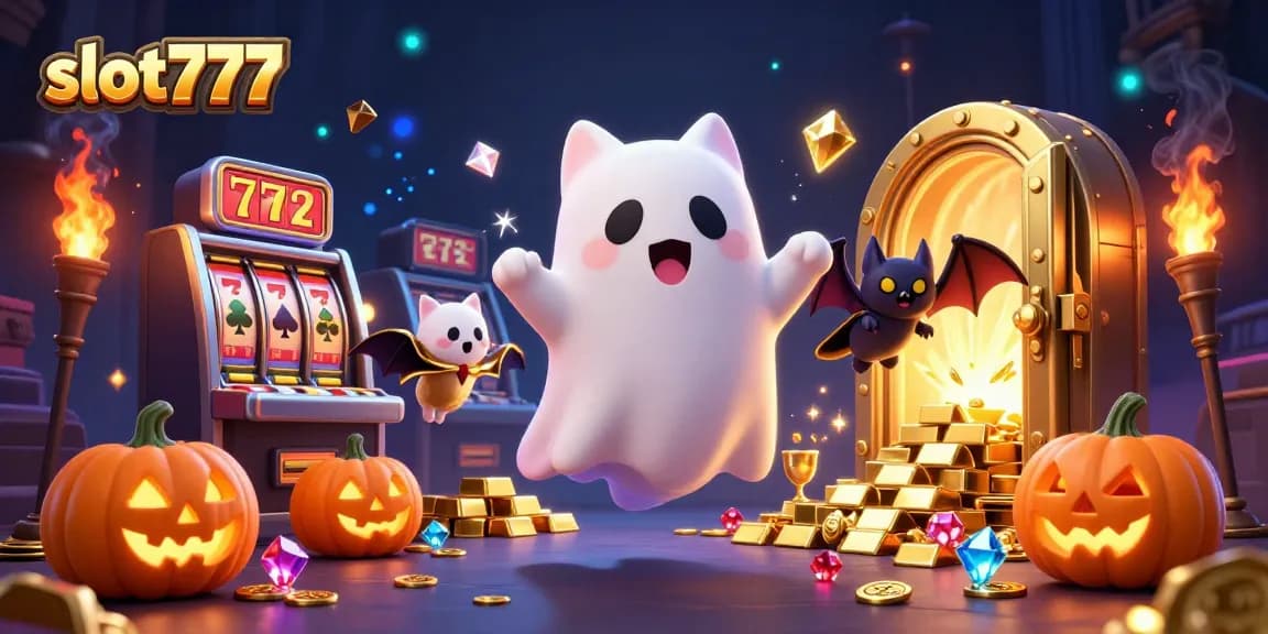 Experience the thrill of slot777 with a vibrant casino scene featuring a ghost cat, bat, and glowing jack-o-lanterns.