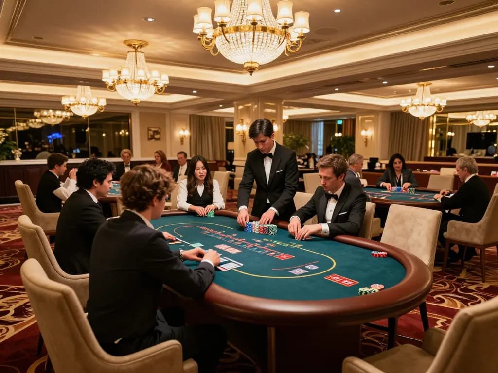 Toto Macau adegan permainan taruhan tinggi yang menampilkan pemain di meja poker elegan dalam suasana kasino mewah.