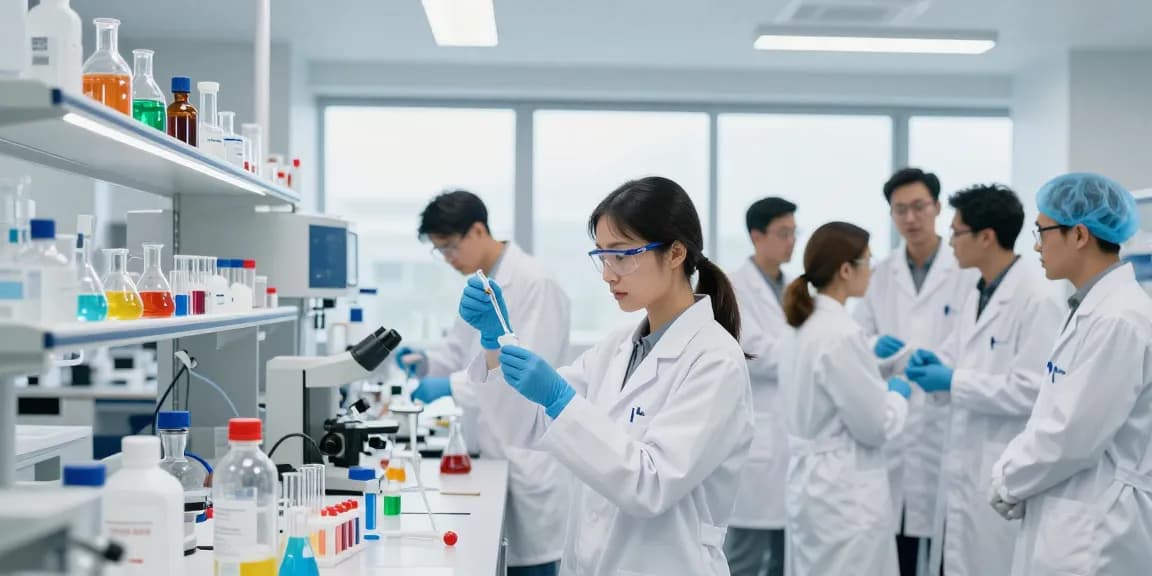 Pharmaceutical chemicals supplier demonstrating teamwork in a modern lab environment with advanced equipment and safety measures.