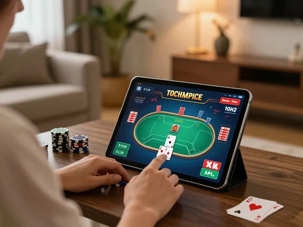 Engaging in ทดลองเล่นสล็อต on a tablet in a cozy home setting, showcasing modern online gambling.