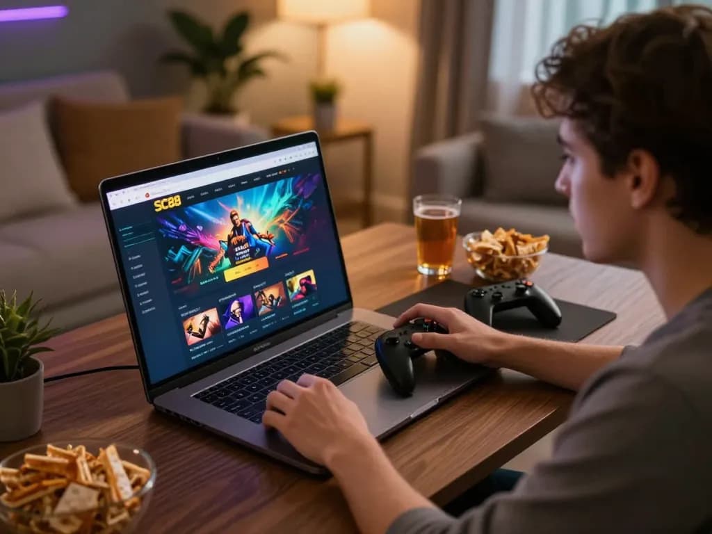 Person engaged in online gaming at SC88, highlighting a dynamic and focused casino atmosphere.