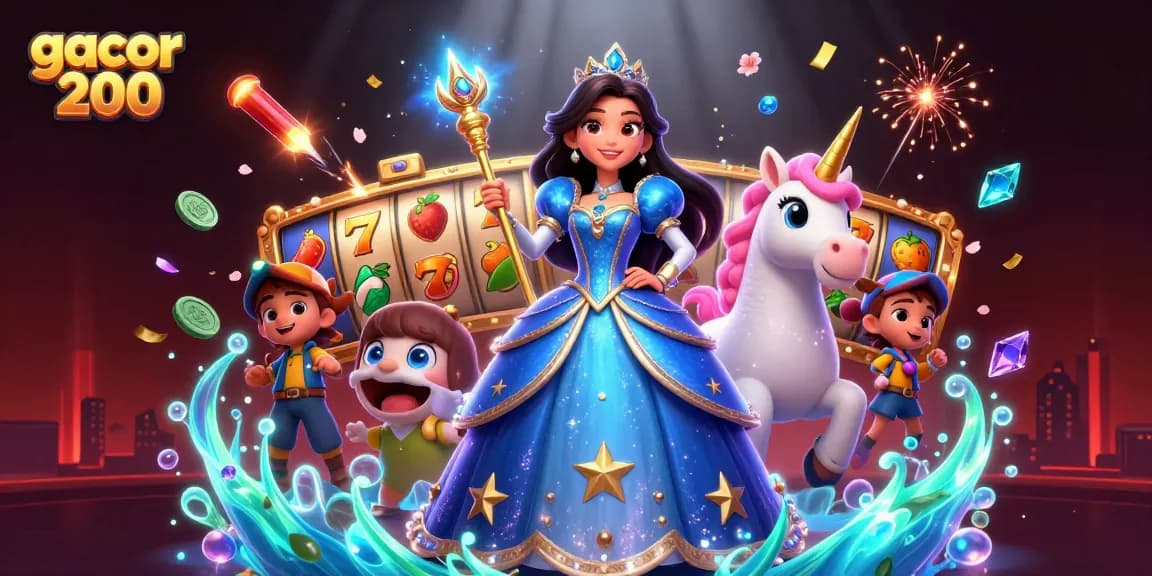 Experience excitement with gacor 200 as a stunning woman in a blue gown and unicorn celebrate slot wins.