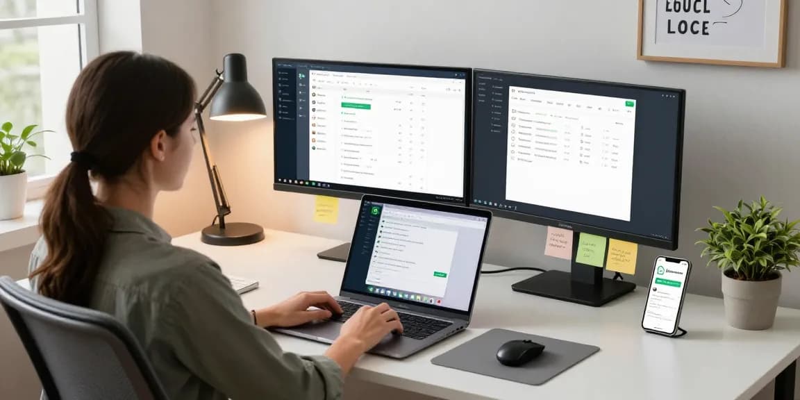 Using WhatsApp電腦版 on a modern laptop in a bright home office setting with motivational decor.