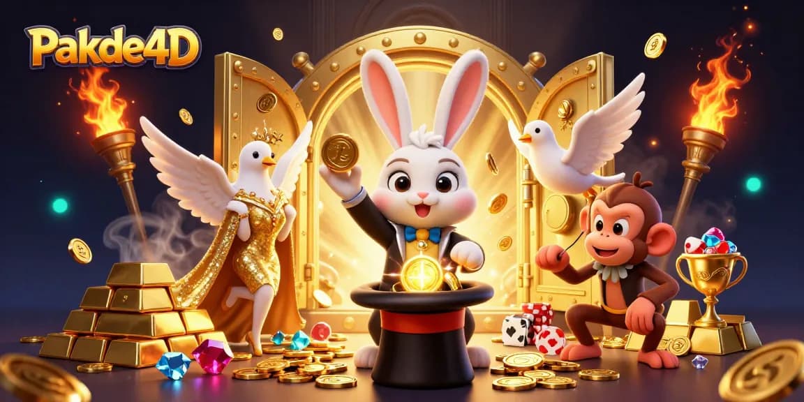 Pakde4D magician rabbit pulls golden coins from a top hat amidst shimmering treasures in a lively casino scene.