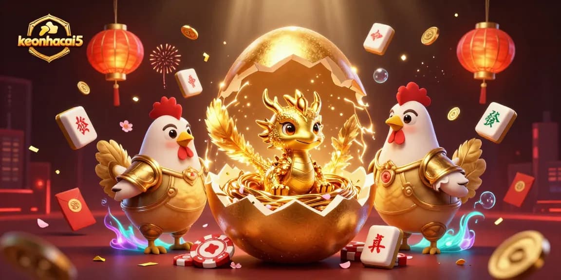 Engage with keonhacai5's vibrant casino scene showcasing a golden dragon amid poker chips and rich game elements.
