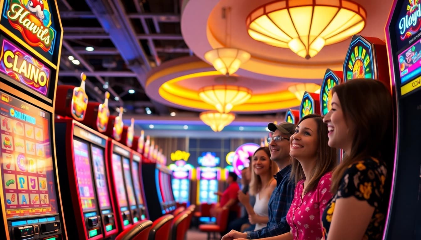 Menampilkan permainan slot depo 1k dengan berbagai mesin slot yang berwarna-warni di kasino yang ramai.