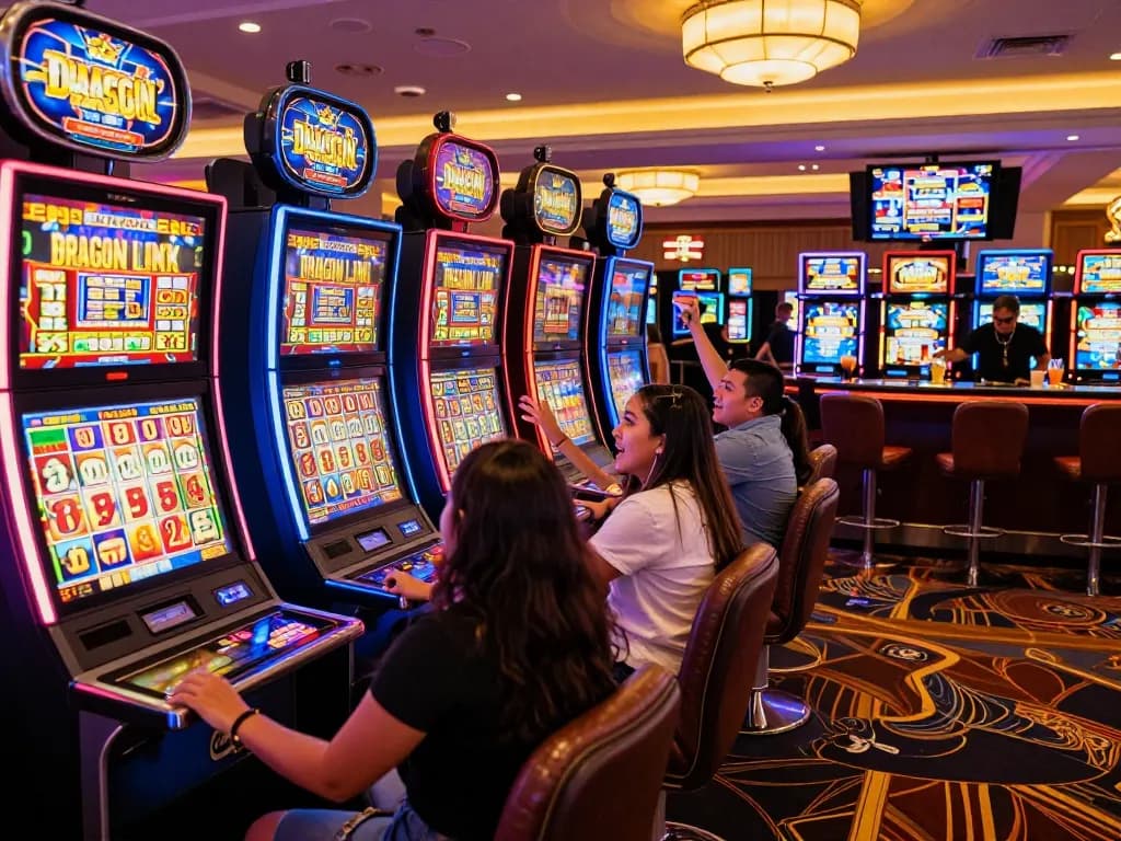 Friends enjoying the excitement of link slot machines in a vibrant casino atmosphere.