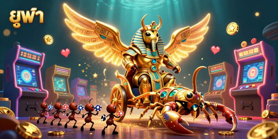 Engage with ยูฟ่า in a vibrant casino scene featuring detailed characters and lively game elements.