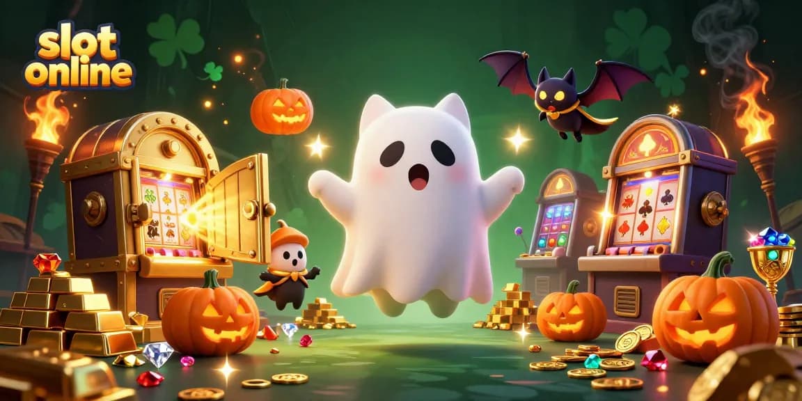 Experience slot online excitement with a playful ghost cat amidst rich casino treasures.