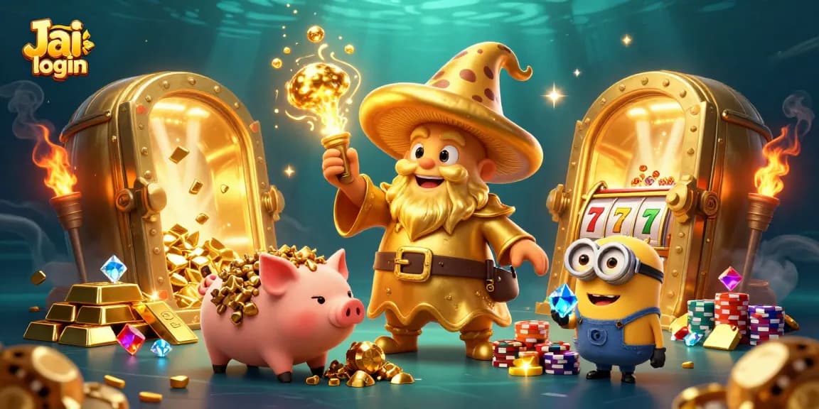 Experience thrilling gameplay with Jai club login as golden characters explore slot machines and treasure in a vibrant casino
