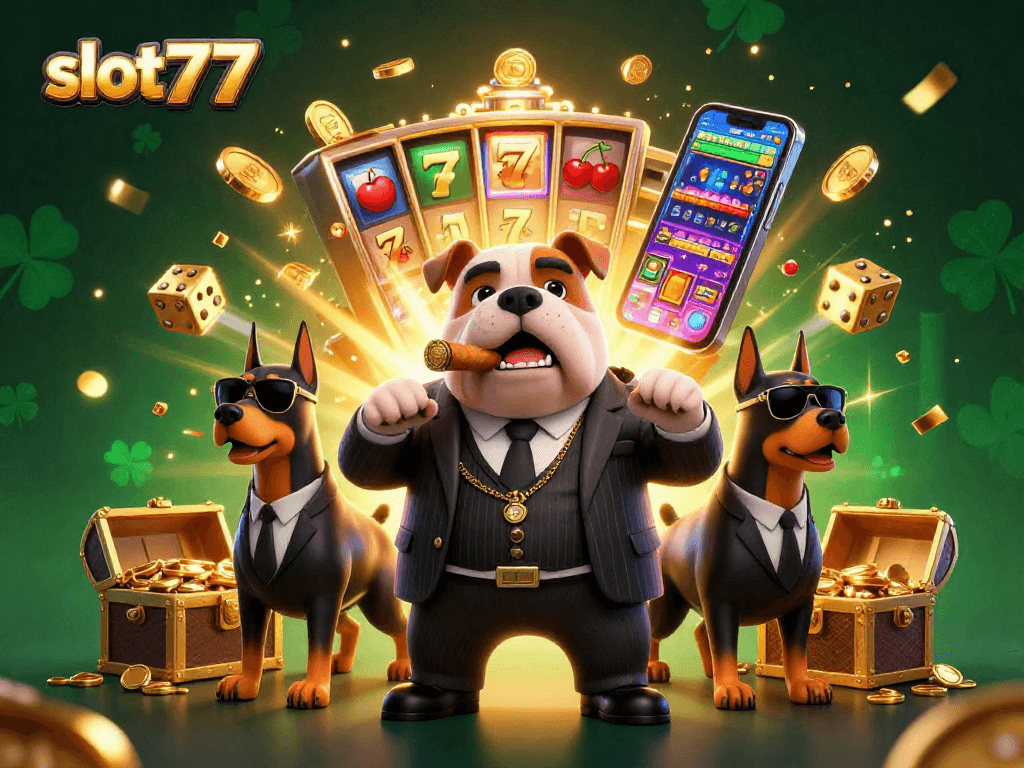 Experience thrilling gaming adventures with slot777 in a vibrant cartoon casino scene with a mafia boss and slot machines.