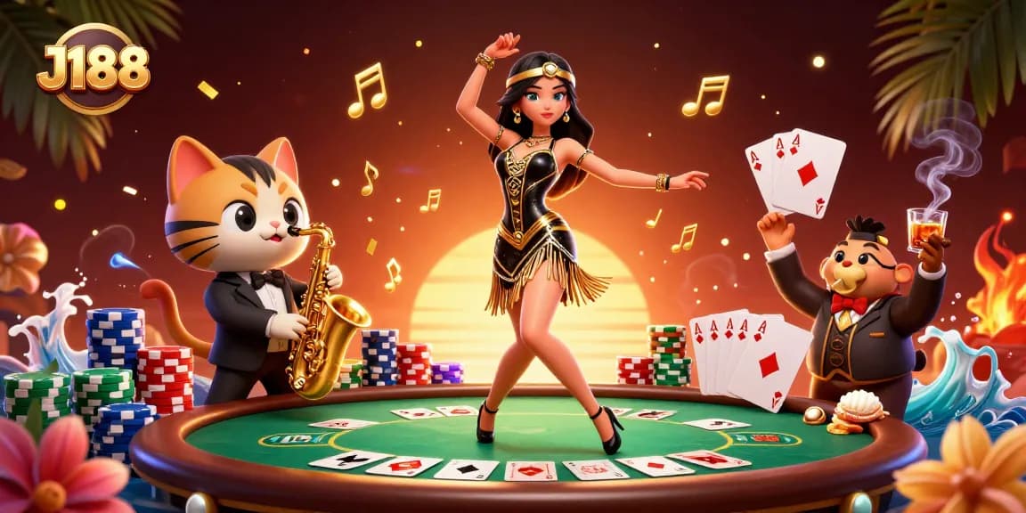 Engage with J188’s vibrant casino scene featuring a dazzling woman and a saxophone-playing cat.